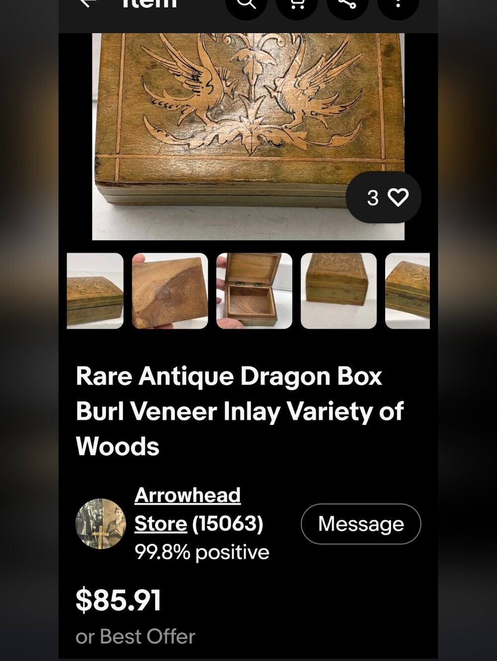 Dragon Trinket Box Burl Veneer Inlay Vintage - Picture 10 of 10